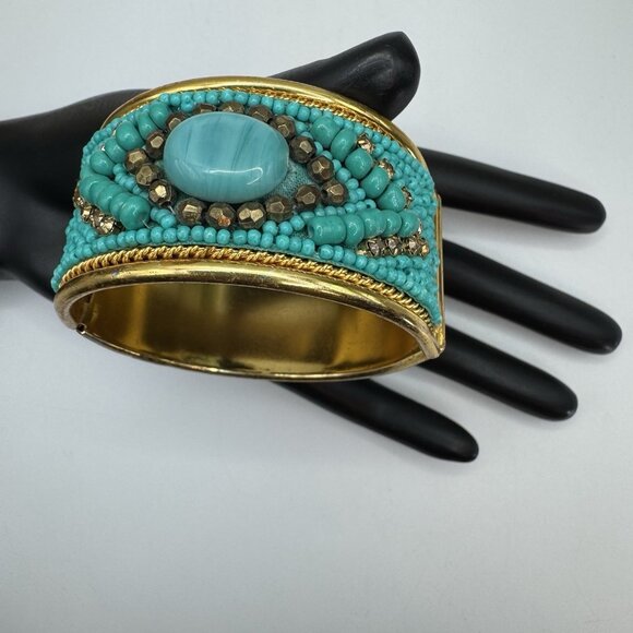 Modern Beaded Cuff Bracelet Turquoise Gold Tone Boho Statement Wide Bangle - Picture 4 of 7